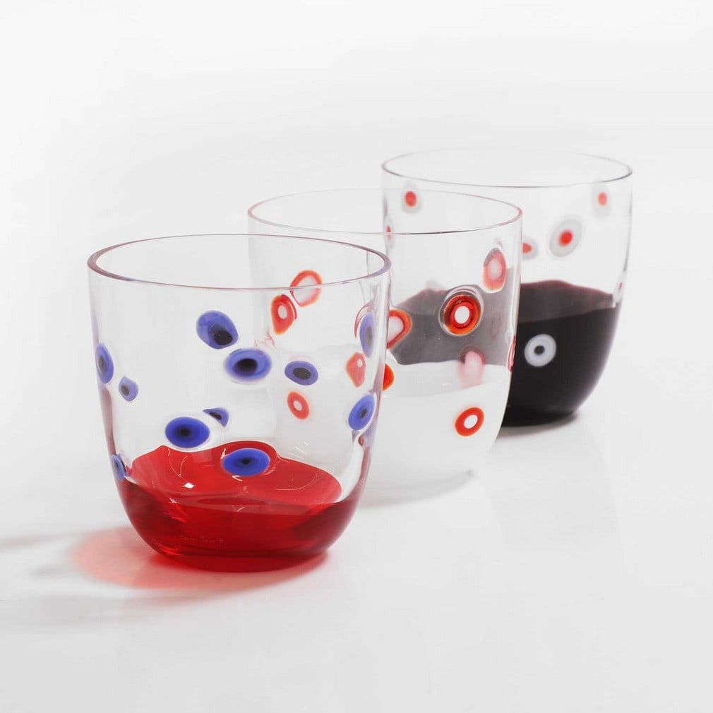 A group of three Carlo Moretti glass tumblers,: A group of three Carlo Moretti glass tumblers, dated 2007, 2008, and 2009, Murano, each with murrine decoration, engraved signatures, 8.6cm wide 8.5cm high (3) Provenance: Vessel Gallery, London. Cond