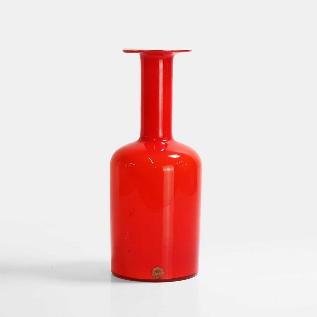 Otto Brauer (Danish, 1911-1984),: Otto Brauer (Danish, 1911-1984), a 'Gulvase', c.1970, Danish, manufactured at Holmegaard, cased in red over white, labelled, 30cm high Condition Report: In good order. Minor surface scratches, particu