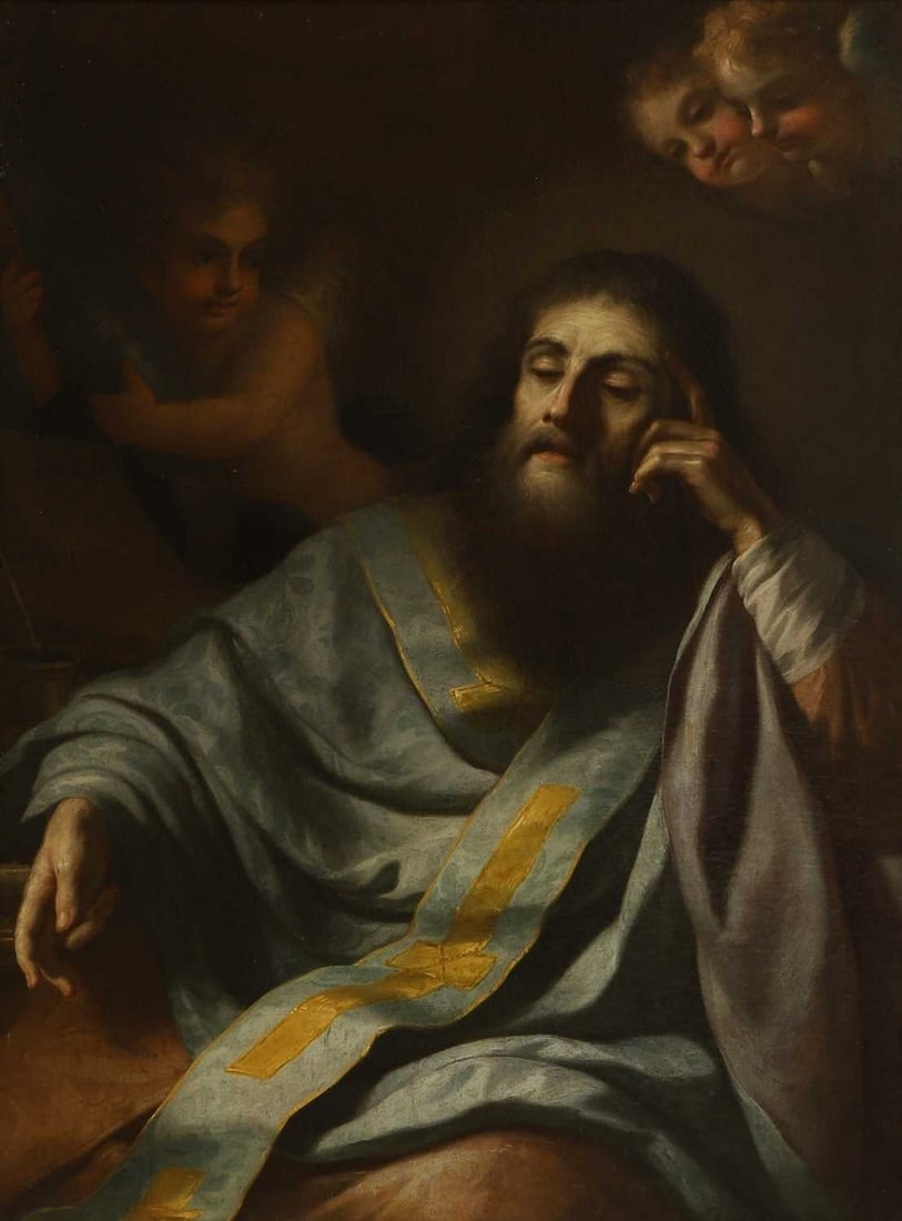 Attributed to Paolo de Matteis (Italian, 1662-1728): Attributed to Paolo de Matteis (Italian, 1662-1728) Saint Gregory of Nazianzus with cherubs indistinctly inscribed 'S..RGO..NAZIAN ZENUS ' c.l., oil on canvas 102 x 75cm Provenance: Christie's, South