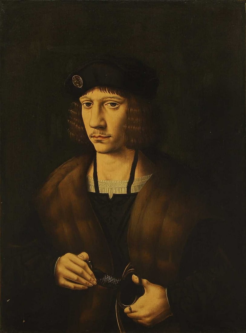 Manner of Ambrosius Benson: Manner of Ambrosius Benson Portrait of a man, half-length, wearing a dark hat with a badge and a fur-lined coat, his hand resting on the hilt of a sword oil on panel 44 x 33cm Provenance: The Markgraf