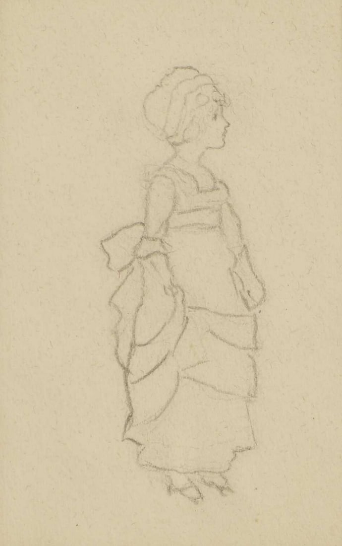 Kate Greenaway (1846-1901): Kate Greenaway (1846-1901) 'The Party Frock' pencil 7.5 x 5cm Exhibited: Chris Beetles, London, 'The Illustrators (The British Art of Illustration)', catalogue no. 84. Condition Report: Framed 33.5 x