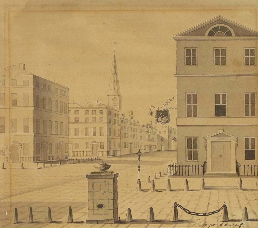 George Lewis (late 18th/early 19th century): George Lewis (late 18th/early 19th century) A Georgian town scene signed 'George Lewis' l.r., pen and ink and wash 20.5 x 22.5cm Condition Report: Framed: 28.5 x 31cm Time staining and discolouration