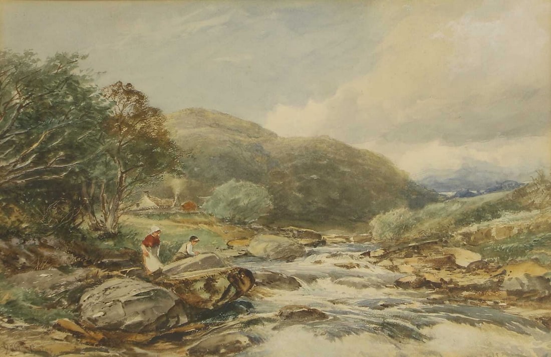 David Bates (1840-1921): David Bates (1840-1921) Figures by a highland stream signed 'David Bates' l.l., watercolour heightened with white 24 x 35cm Condition Report: Framed: 49.5 x 59cm A little time staining with slight dis
