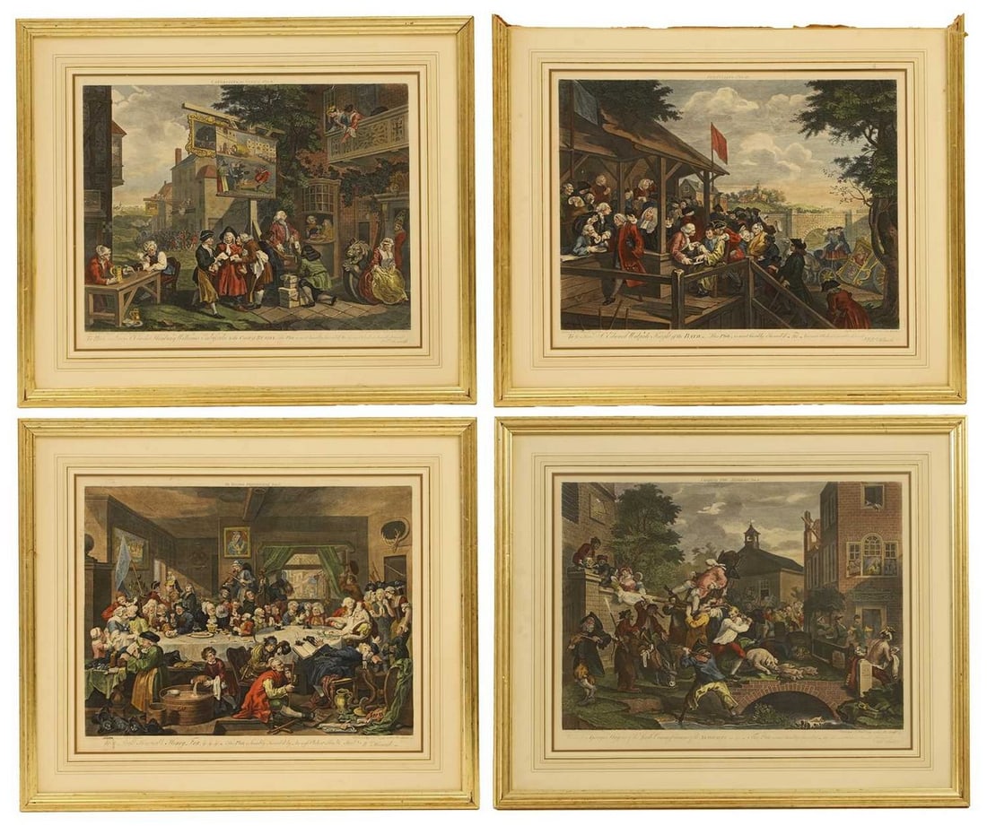 After William Hogarth: After William Hogarth 'An Election': 'An Election Entertainment'; 'Canvassing for Votes'; 'The Polling'; 'Chairing the Members' the set of four coloured engravings plate mark 44 x 57cm (4) Condition R