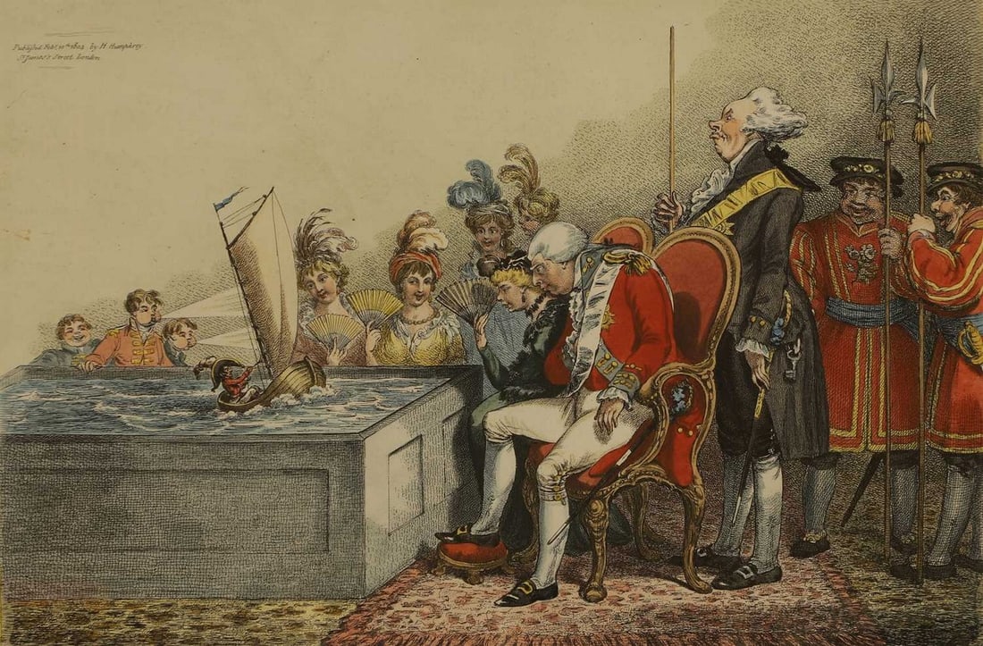 After James Gillray: After James Gillray 'The King of Brobdingnag and Gulliver' coloured engraving plate mark 35 x 46cm Provenance: With the O'Shea Gallery, London. Condition Report: Framed size 57.5 x 67.5cm. Not viewed