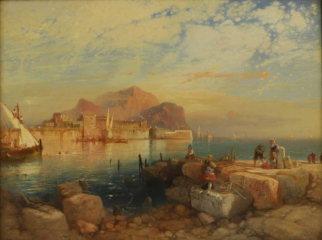 James Baker Pyne (1800-1870): James Baker Pyne (1800-1870) Porto del Cala, Sicily signed and dated 'J B Pyne 1854' and numbered 391 l.r., oil on canvas 67 x 92cm Provenance: Christie's, anon sale,14 July 1972, lot 52. Condition Re