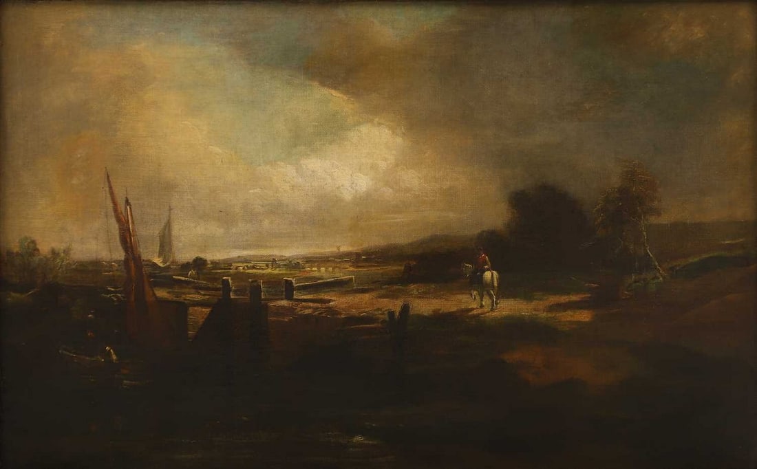 Follower of John Constable: Follower of John Constable A river landscape with boats and a horseman by a lock oil on canvas 66 x 107cm