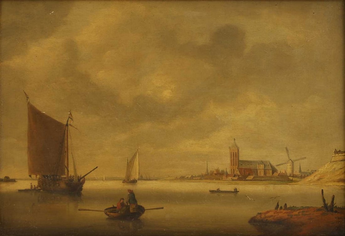 Thomas Luny (1759-1837): Thomas Luny (1759-1837) Shipping in calm seas off the Dutch coast signed and dated 'T. Luny/1781' l.r., oil on panel 35.5 x 51cm Provenance: An East Anglian private collection. Condition Report: Frame