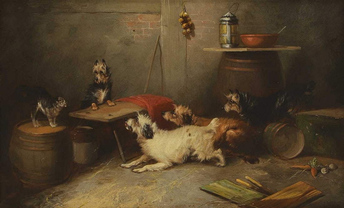 Circle of George Armfield (1808-1893): Circle of George Armfield (1808-1893) Terriers cornering a cat oil on canvas 30.5 x 51cm Condition Report: Framed: 39 x 59.5cm Craquelure. A little loose paint to the extreme right edge, lower centre,