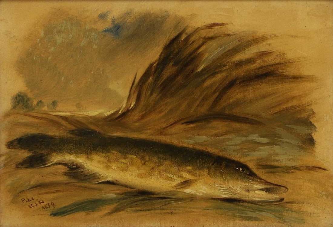 Edmund John Niemann (1813-1876): Edmund John Niemann (1813-1876) Pike signed with initials, inscribed with title and dated '1839' l.l., indistinctly signed on torn label verso, oil on board 18 x 26cm Provenance: J S Grego. Exhibited: