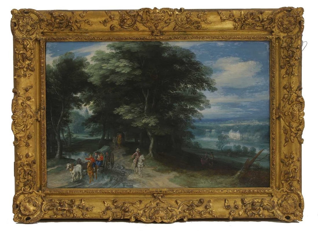 Studio of Jan Brueghel the Younger: A wooded landscape with travellers in covered wagons accompanied by a horseman, two figures conversing to the right, and a lakeside castle in the distanceoil on panel 50 x 74cmProvenance: Colonel Ralp
