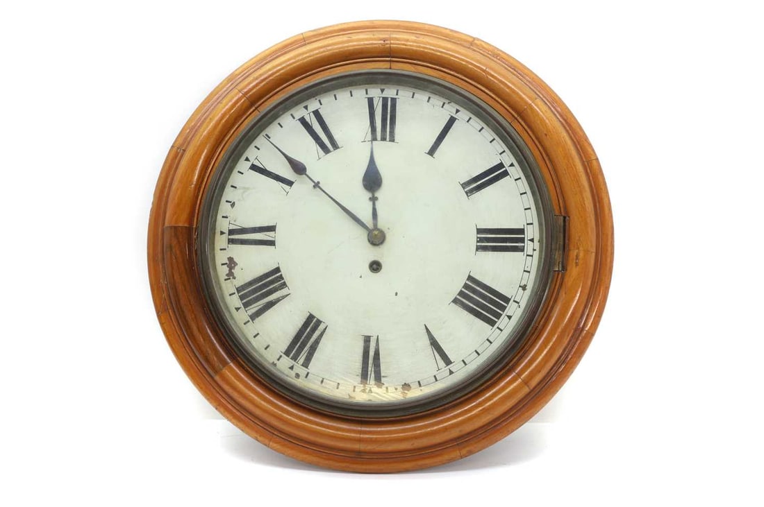 A mahogany single fusee wall clock,: A mahogany single fusee wall clock, late 19th century, with an inscribed plaque to each side of the case, 49cm diameter14cm deep Condition Report Flaking and wear to the dial. Wear and one strip to t