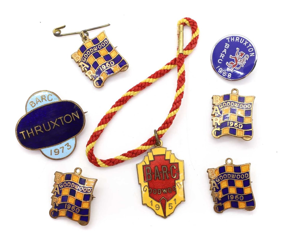 A collection of BARC Goodwood and Thruxton post-war members' lapel badges,: A collection of BARC Goodwood and Thruxton post-war members' lapel badges, c.1950s,