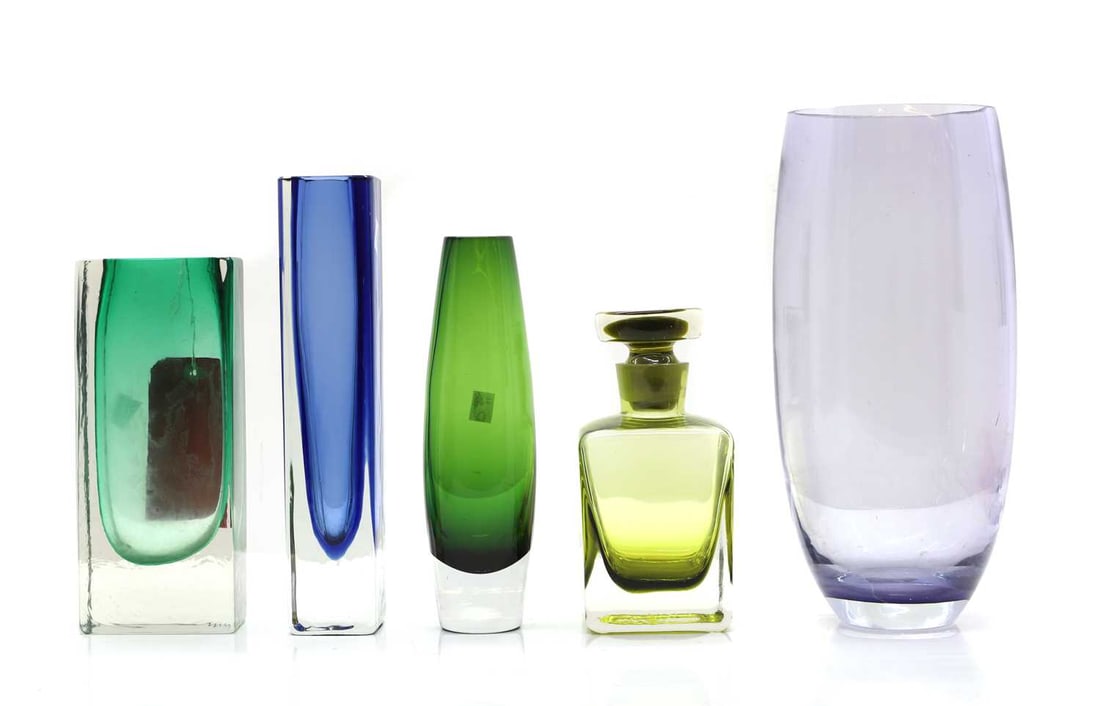 A group of cased glass vessels,: A group of cased glass vessels, 20th century, to include a stoppered bottle, 21.8cm high, and five vases, 35.2cm high (5)