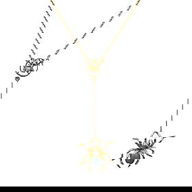 An Edwardian gold opal and sapphire pendant necklace,: An Edwardian gold opal and sapphire pendant necklace, of spider and fly design; the spider drop with a cabochon black opal abdomen and a sapphire thorax, to a bar suspension supported by a sapphire se