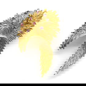 An 18ct gold ruby abstract spray brooch, c.1960s,: An 18ct gold ruby abstract spray brooch, c.1960s, of stylised textured design, accented with round cut rubies, to a polished reverse fitted with a pin and trombone clasp, London import hallmark 1968,