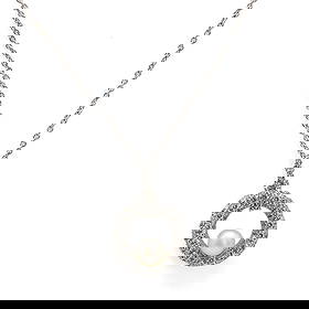 An 18ct white gold cultured pearl and diamond pendant necklace, by Mikimoto,: An 18ct white gold cultured pearl and diamond pendant necklace, by Mikimoto, the pendant designed as an open circle set with round brilliant cut diamonds, with a cultured pearl set within, marked MLtd