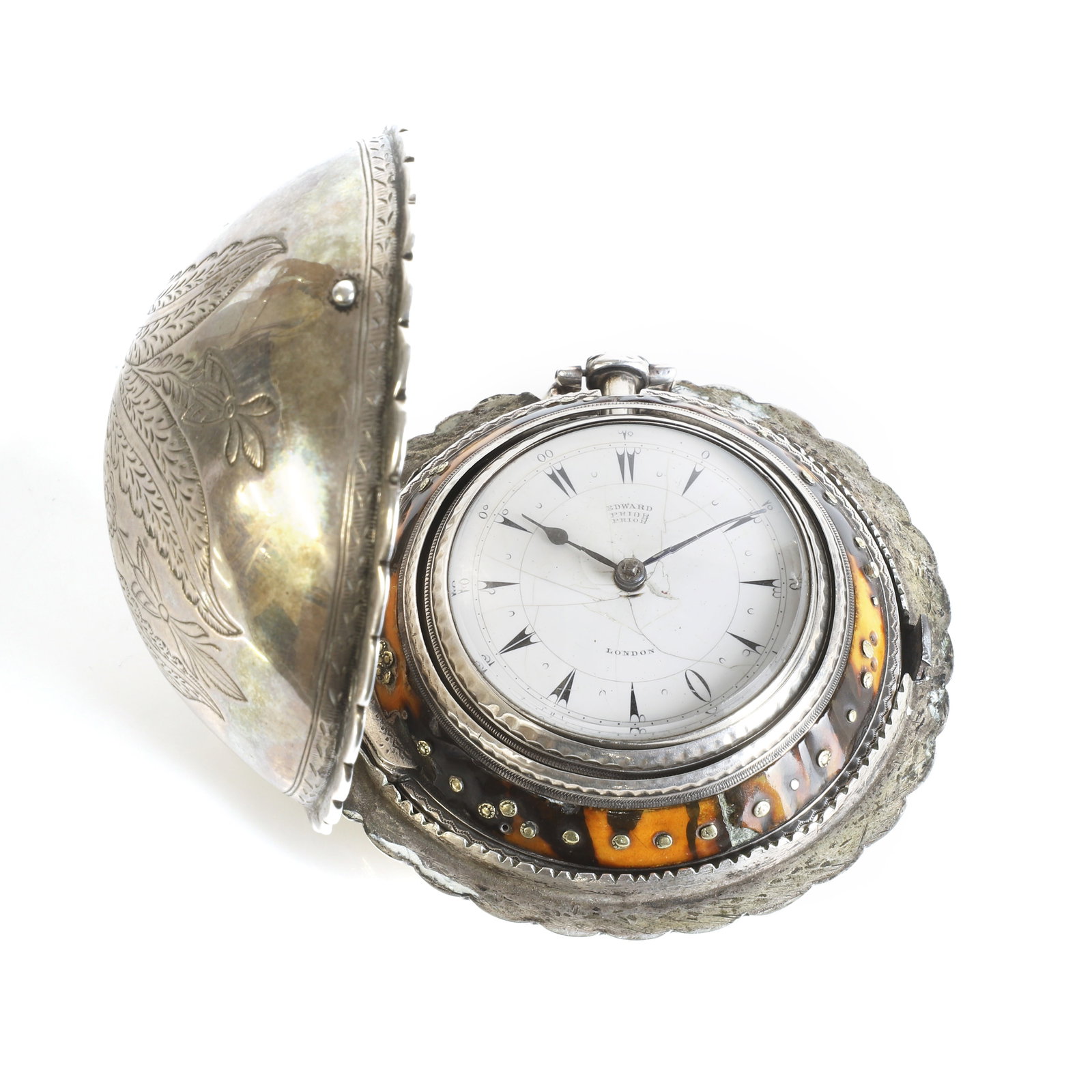 A silver and tortoise shell quadruple case fusee pocket watch, by Edward Prior, (1 of 6)