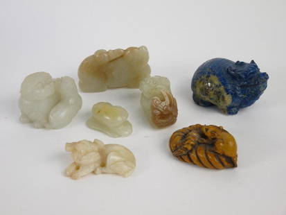 Six jadeite and quartz carvings, five kylins, and a rat: Six jadeite and quartz carvings, five kylins, and a rat on a rope