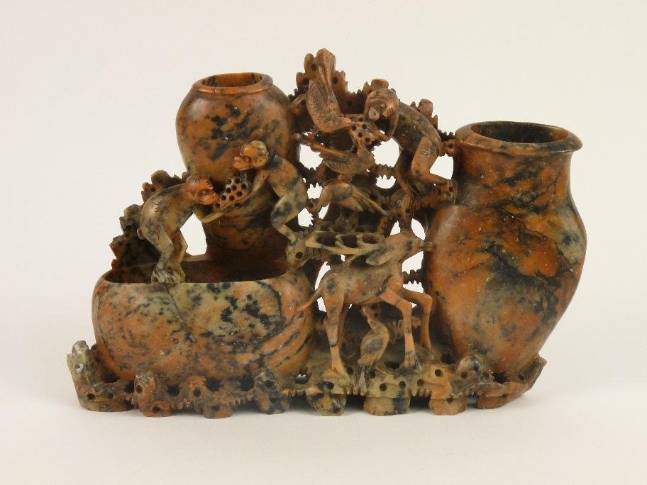 A Chinese soapstone group of monkeys, birds and deer, 2: A Chinese soapstone group of monkeys, birds and deer, 20cm high
