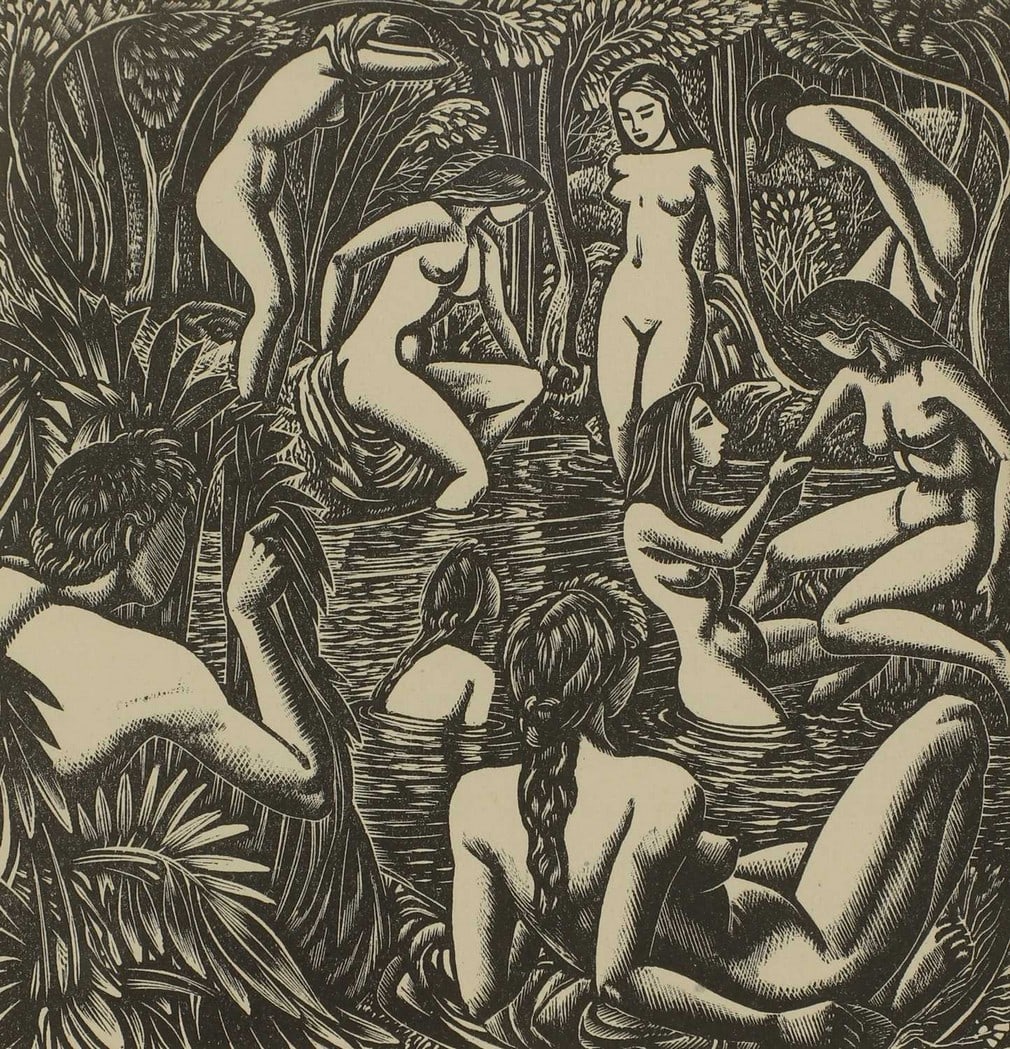 John Buckland Wright (1897-1954): John Buckland Wright (1897-1954) Bathers in a pool wood engraving, believed to be an illustration for ‘Endymion’ by John Keats 10.5 x 10.5cm Provenance: A single-owner collection from a ho