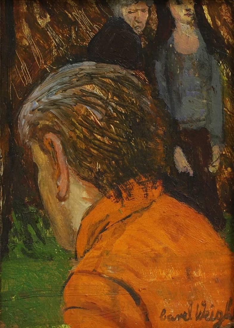 ▲ Carel Weight CH RA (1908-1997): ▲ Carel Weight CH RA (1908-1997) Man wearing an orange jacket signed 'Carel Weight' l.r., oil on board 17.5 x 12.5cm Condition Report: Framed: 28 x 23cm Rubbing to edges. Appears to be in otherw