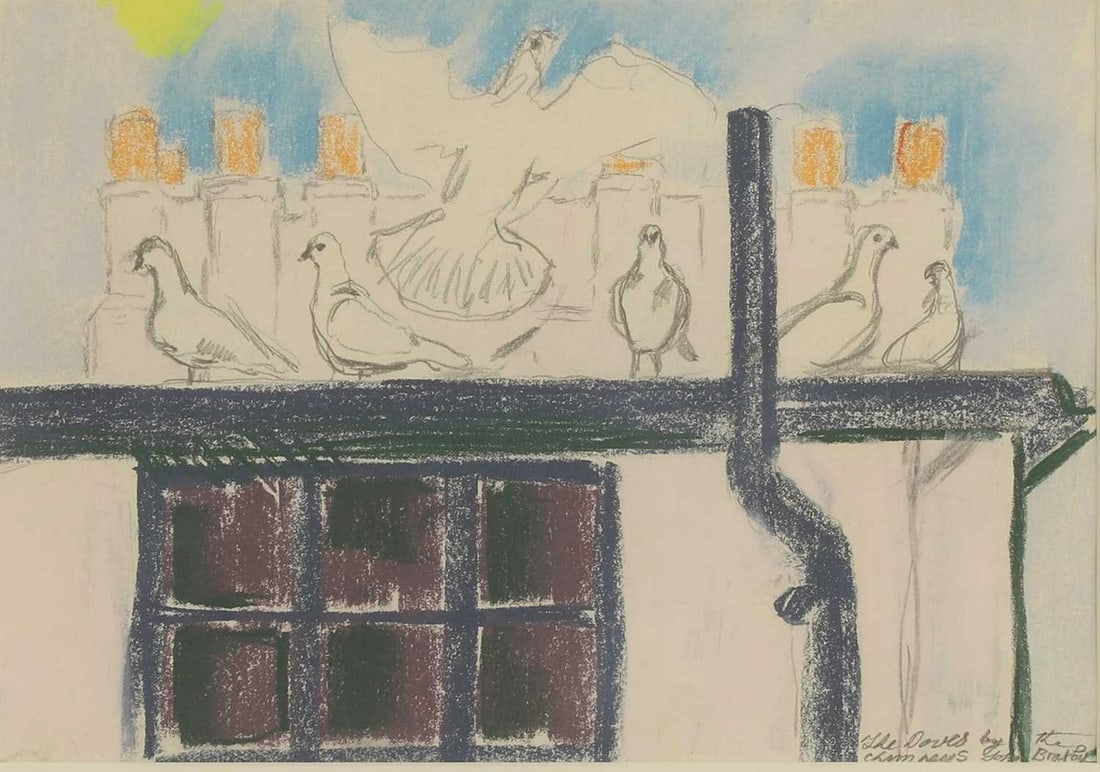 ▲ John Bratby RA (1928-1992): ▲ John Bratby RA (1928-1992) 'The Doves by the Chimneys' signed 'John Bratby' and inscribed with title l.r., pencil and pastel 24.5 x 34cm Condition Report: Framed: 51x 58cm Appears in good cond