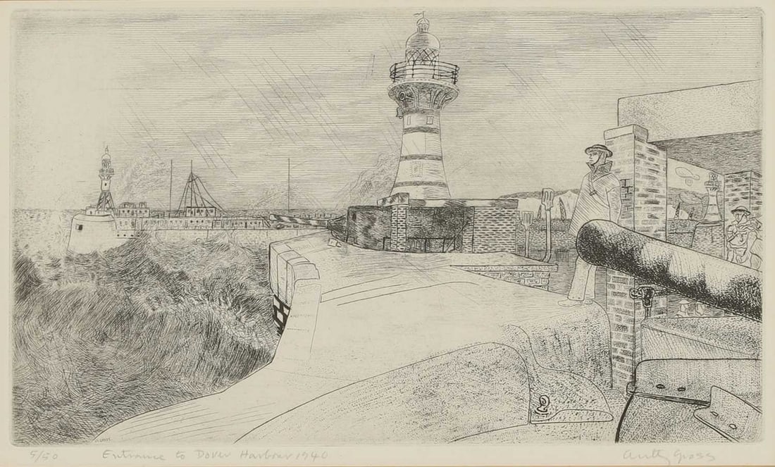 ▲ Anthony Gross RA (1905-1984): ▲ Anthony Gross RA (1905-1984) 'Entrance to Dover Harbour' (Herdman 4101) etching, signed 'Anthony Gross' in pencil l.r., inscribed with title and '1940', numbered 5/50 plate 20.5 x 32.5cm Prove