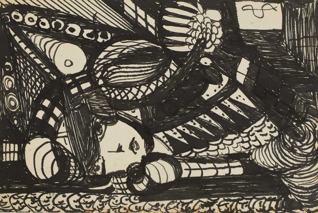 ▲ Madge Gill (1882-1961): ▲ Madge Gill (1882-1961) Study of a woman pen and ink on a postcard 14 x 8.5cm, unframed Provenance: The collection of Patricia Beger. Condition Report: Time staining with a little discolouratio