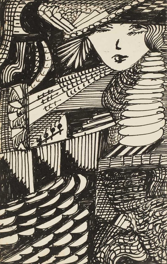 ▲ Madge Gill (1882-1961): ▲ Madge Gill (1882-1961) Study of a woman dated 'November 5th 1942' verso, pen and ink on a postcard 14 x 8.5cm, unframed Provenance: The collection of Patricia Beger. Condition Report: Slight t