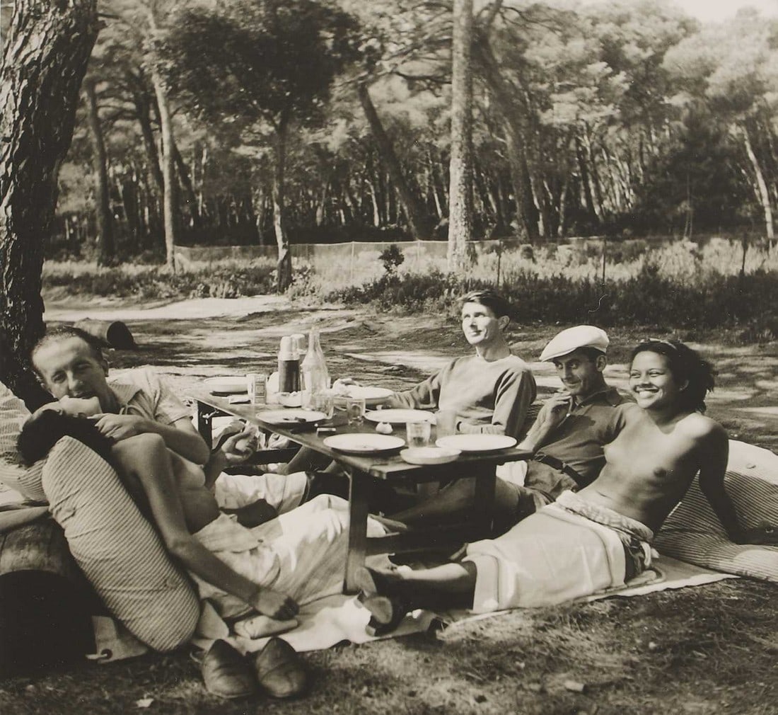 Lee Miller (American, 1907-1977): Lee Miller (American, 1907-1977) 'Picnic', Paul and Nusch Éluard, Roland Penrose, Man Ray and Ady Fidelin photographed at Ile Sainte-Marguerite, Cannes, 1937 digital print, 2020, printed by the L