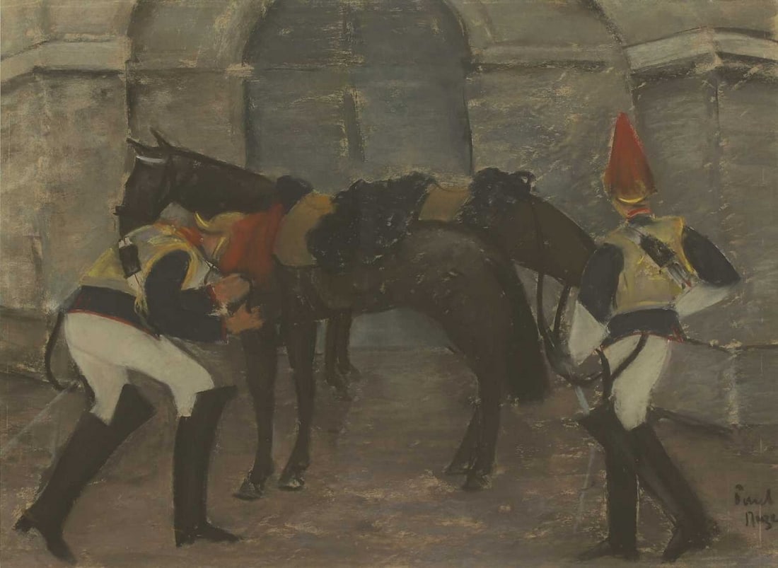 ▲ Paul Lucien Maze (French-British, 1887-1979): ▲ Paul Lucien Maze (French-British, 1887-1979) Horse Guards signed 'Paul/Maze' l.r., mixed media on paper 49 x 62.5cm Condition Report: Framed: 71 x 82.5cm Not viewed out of glazed frame. Appear