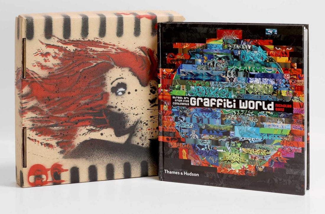 ▲ Nick Walker (b.1969): ▲ Nick Walker (b.1969) 'Graffiti World' by Nicolas Gand, published by Thames and Hudson, 2004, in a hand-embellished box, stencilled and spray-painted by Nick Walker, box number 54 from an editi