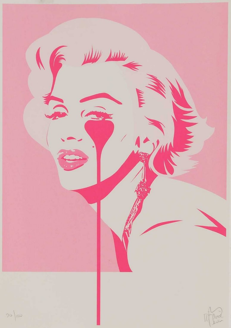 Pure Evil (b.1968): Pure Evil (b.1968) 'Linguini Loren' screenprint in colours, signed 'Pure Evil' in pencil l.r., and numbered 100/100 sheet 50 x 35cm, unframed, together with: 'Pink Marilyn' screenprint in colours, 201