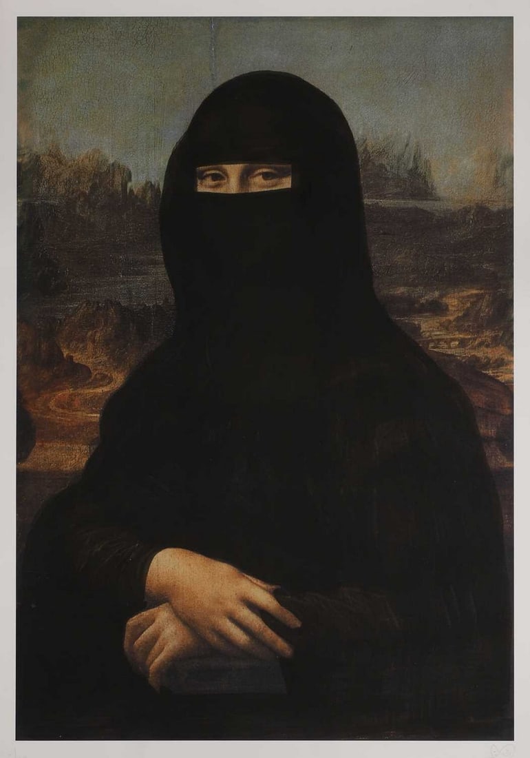 ▲ Pure Evil (b.1968): ▲ Pure Evil (b.1968) Mona Lisa in a hijab inkjet print in colours, signed 'PURE EVIL' in pencil l.r. and numbered 6/10 sheet 61 x 40cm, unframed Condition Report: There are some superfical scrat