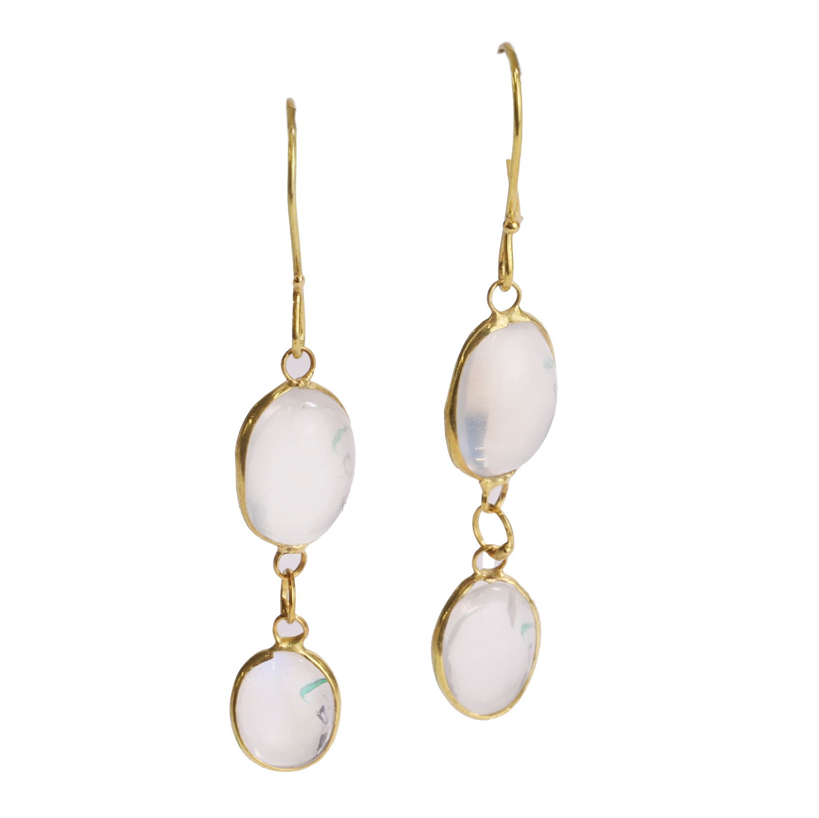 A pair of moonstone drop earrings,: A pair of moonstone drop earrings, each drop with two varisized oval moonstone cabochons, to hook wire fittings, 27mm long, tested as approximately 14ct gold, 0.50g Condition Report: In good overall c