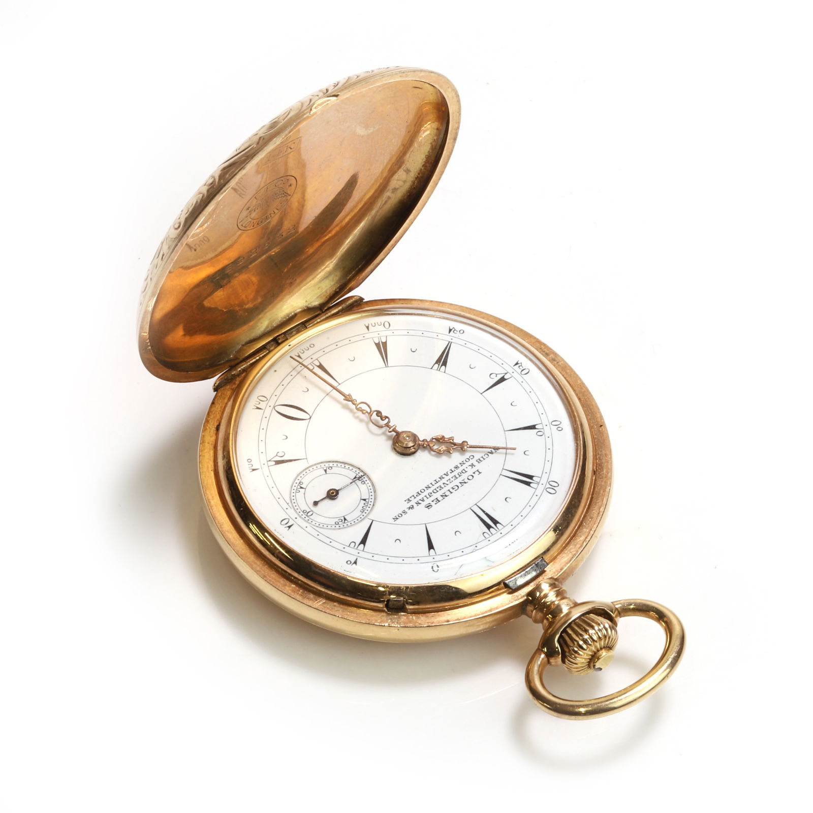 A 14ct gold Longines pocket watch, retailed by Nacib K. Djezvedjian & Son,: A 14ct gold Longines pocket watch, retailed by Nacib K. Djezvedjian & Son, with a 36mm diameter case, a white enamel dial, black Turkish numerals and minute track, gilt hands, subsidiary seconds dial