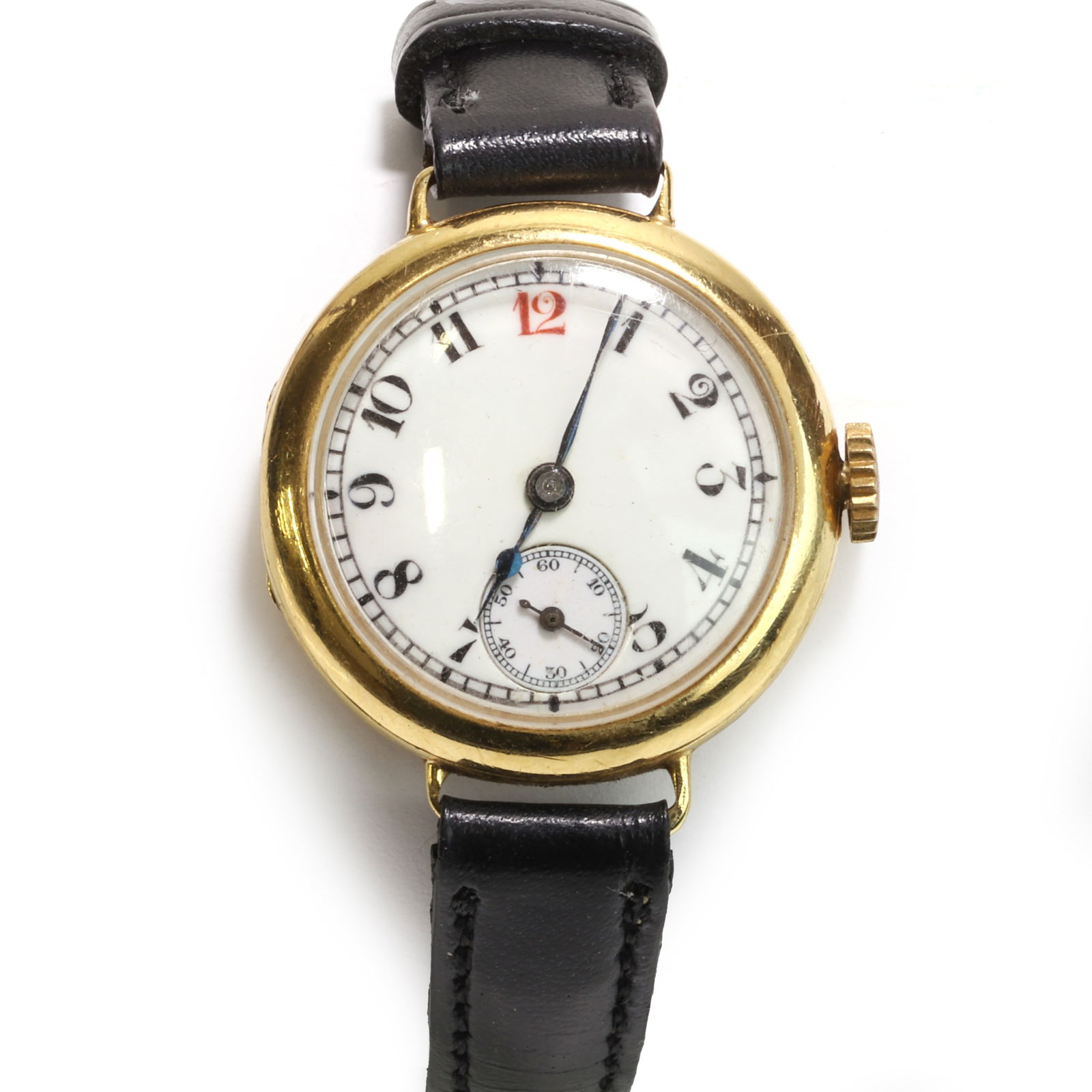 An 18ct gold Longines mechanical strap watch,: An 18ct gold Longines mechanical strap watch, with a 26mm diameter case, engraved with initials to the back, a white enamel dial, black and red Arabic numerals, blued spade and double swell hands, sub