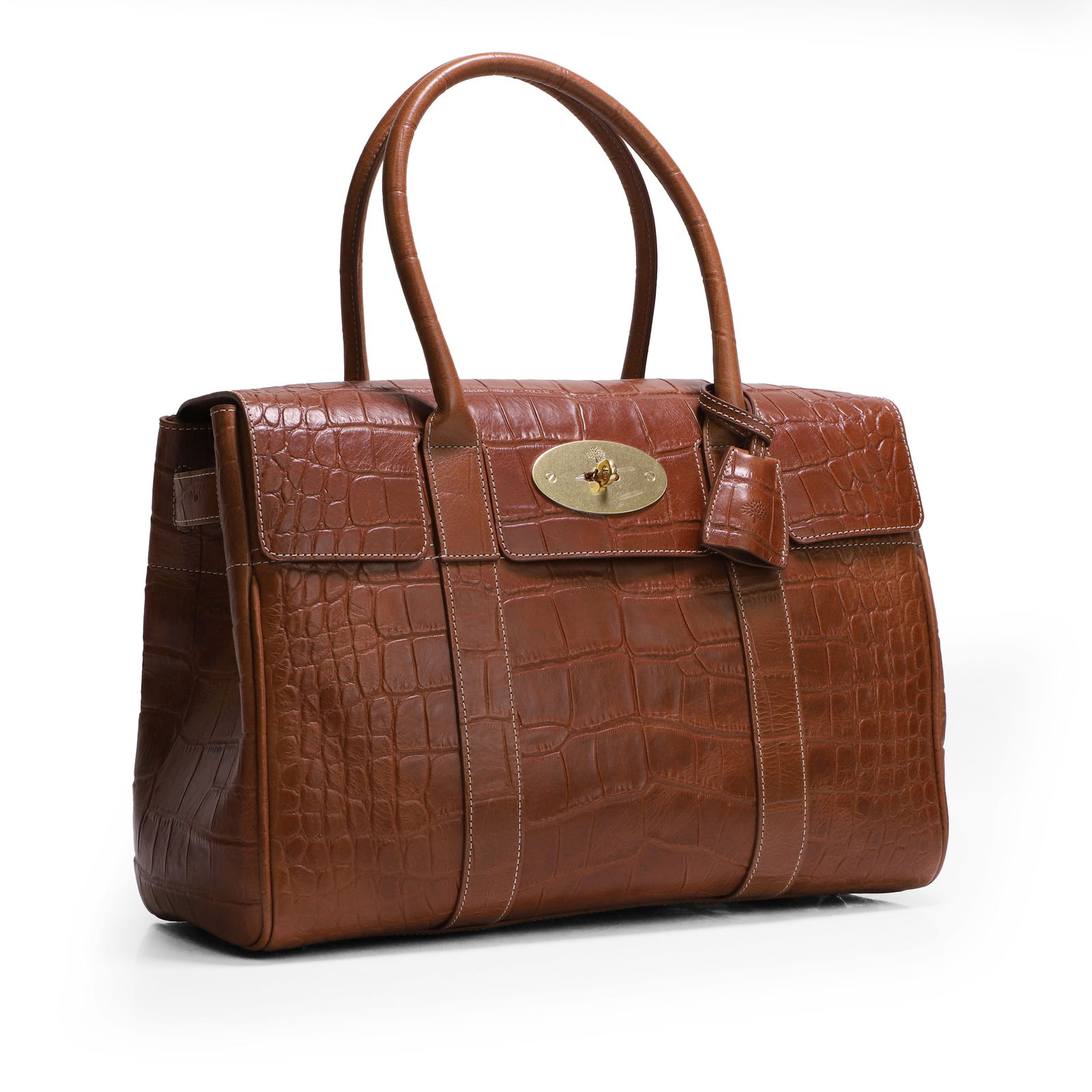 A Mulberry crocodile embossed tan leather Bayswater: A Mulberry crocodile embossed tan leather Bayswater with dual rolled handles and brass tone Postman's Lock, opening to interior zip and slip pockets, serial number 10364975, with dust bag, care card,