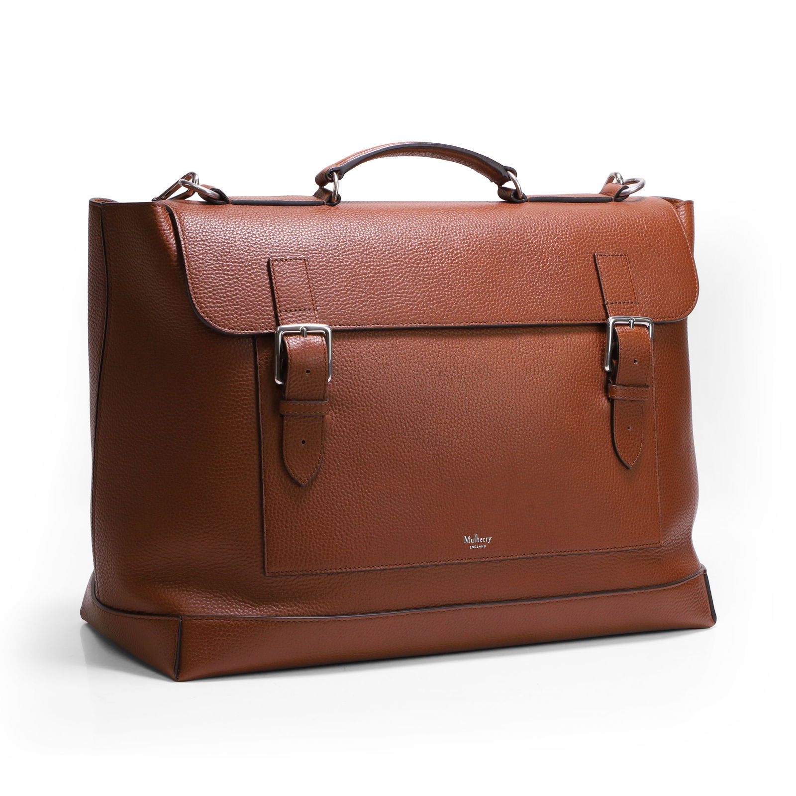 Mulberry Chiltern oak grain leather travel bag: Mulberry Chiltern oak grain leather travel bag with top flat handle and detachable shoulder strap, two buckle closures to the front, zip pocket to the back, pocket under front flap and two interior sl