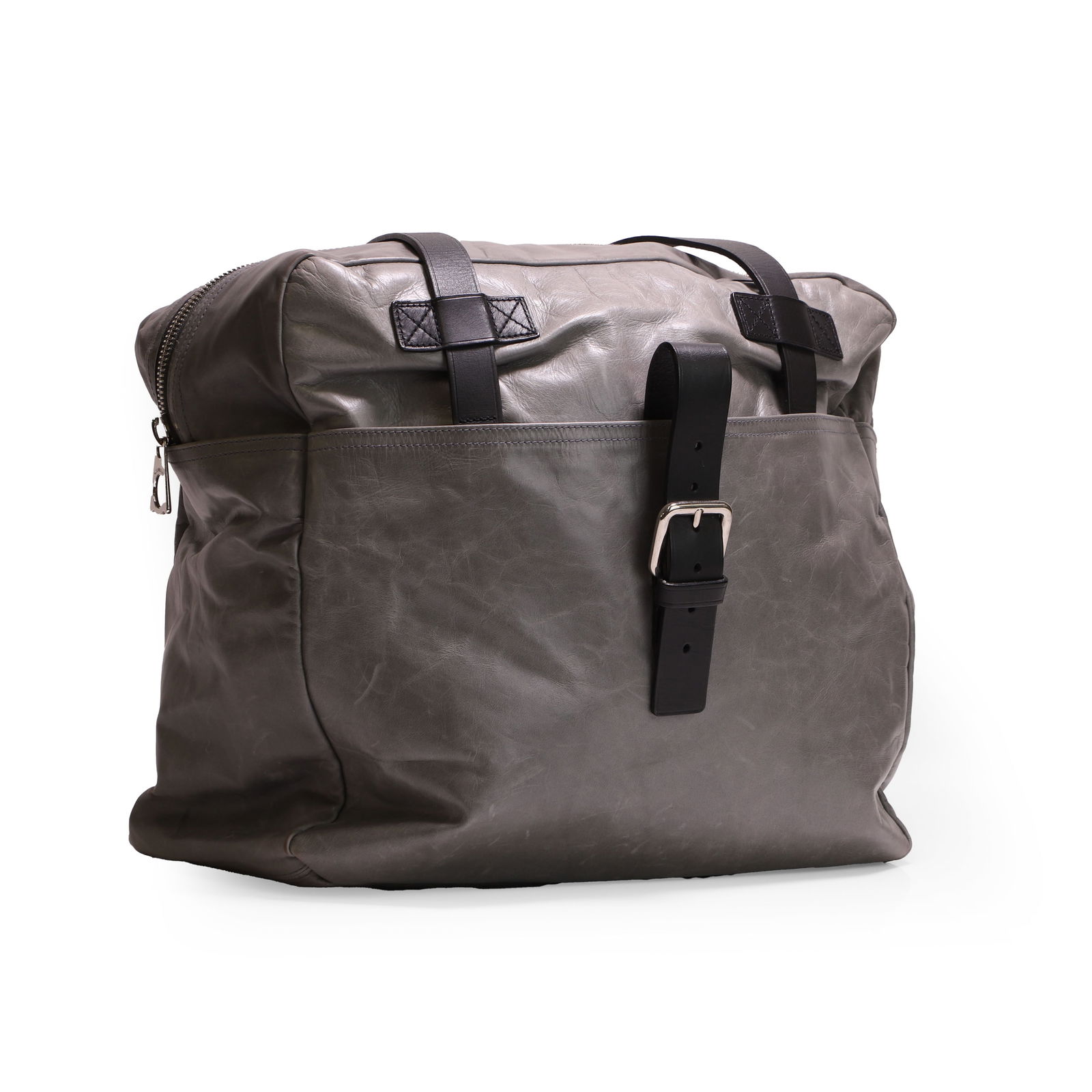 A Mulberry grey leather holdall,: A Mulberry grey leather holdall, of recent manufacture, the exterior in soft antiqued grey leather, silver-tone hardware, dual black leather handles, two slip pockets either side, front buckle closure