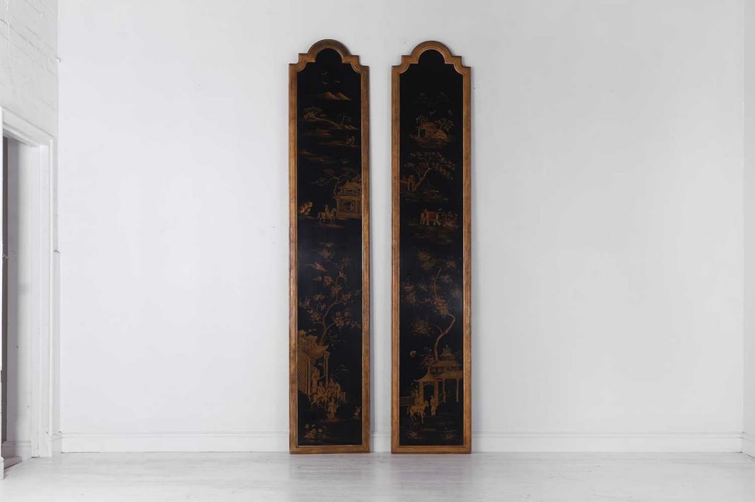 A pair of large black and gilt lacquer chinoiserie panels, (1 of 4)