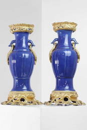 A pair of ormolu-mounted blue-glazed porcelain vases,