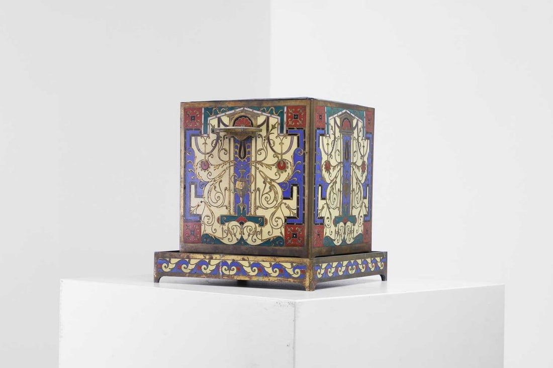 A gilt-bronze and champlevé enamel jardinière on stand by Ferdinand Barbedienne,: A gilt-bronze and champlevé enamel jardinière on stand by Ferdinand Barbedienne, late 19th century, French, of square form, decorated with flowering vases and architectural motifs, signed 'F
