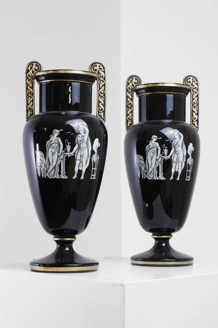 A pair of black-glazed pottery neoclassical urn vases, (1 of 6)