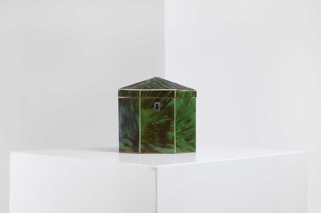 A George III green-stained tortoiseshell and ivory tea caddy, (1 of 7)
