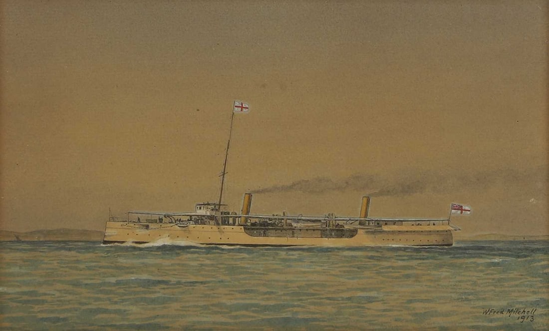 William Frederick Mitchell (1845-1914): William Frederick Mitchell (1845-1914) HMS 'Hussar'signed and dated 'W Fred Mitchell/1913' l.r., watercolour heightened with white15 x 24cmProvenance: Bonhams, London, 'Marine Paintings and Works of