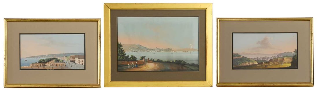 Neapolitan School, 19th/20th century: Neapolitan School, 19th/20th century A view of the Bay of Naples with Mount Vesuviusgouache28.5 x 41cm,and a pair of gouaches:'Napoli da Capodimonte';'Villa Reale'16.5 x 28cm (3)