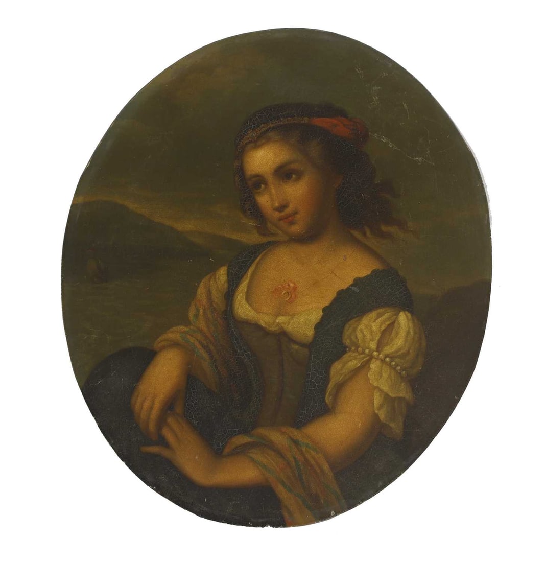German School, 19th century: German School, 19th century Portrait of a girl, half-length, in a river landscapeoil on metal, with stamp for 'W Stockmann & Co., Braunschweig' verso, oval31.5 x 27cm, unframed Co