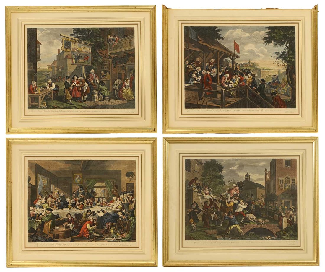 After William Hogarth: After William Hogarth 'An Election':'An Election Entertainment';'Canvassing for Votes';'The Polling';'Chairing the Members'the set of four coloured engravingsplate mark 44 x 57cm (4) Conditi